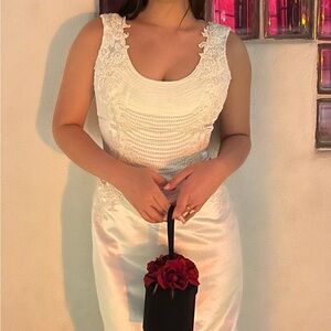 Mon Cheri vintage white satin bridal gown maxi with pearl embellishments